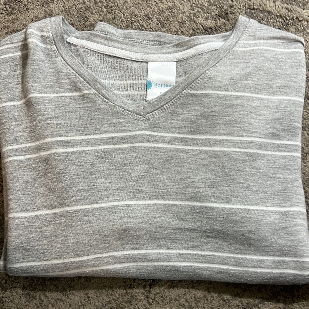 Light grey, white stripes. Super soft.